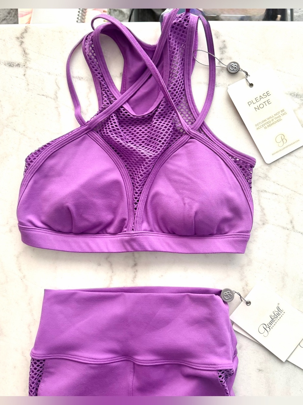 Bombshell Sportswear Purple Mesh-Trim Bralette and Leggings Set